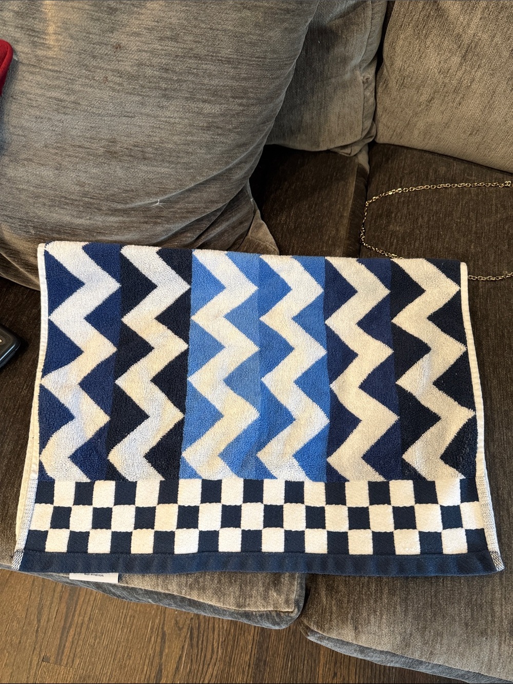 MacKenzie-Childs Blue Chevron Door Mat with White Checker Border